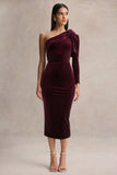 Vespera Burgundy Velvet Asymmetric Neck Midi Dress With Bow Detail