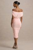 Rayleigh Pink Bardot Ruched Midi Dress