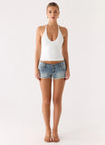Elias Low Rise Distressed Denim Shorts Vintage Wash Blue