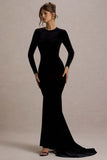 Keaton Black Velvet Long Sleeve Open Back Maxi Dress