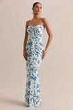 Ali Blue Porcelain Print Sweetheart Ruched Wrap Maxi Dress