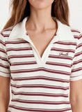 White And Brown Stripe Ribbed Short Sleeve Jersey Polo Top