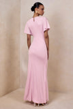 Grandeur Pale Pink High Neck Ruched Maxi Dress
