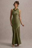 Amelita Khaki Satin Cowl Neck Maxi Dress