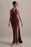Rosina Burgundy Halter Neck Draped Maxi Dress With Sash