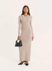 Beige Collared Knit Maxi Dress
