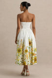 Ivory Sunflower Print Bandeau High Low Midi Dress