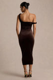 Carella Brown Velvet Twisted Asymmetric Midi Dress