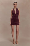 Fleur Ruched Slinky Mini Dress Mahogany