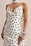 Starling White Black Polka Dot Matte Satin Plunge Neck Maxi Dress With Scarf Detail