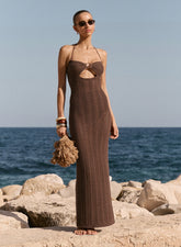 Chocolate Cut Out Knitted Halterneck Maxi Dress