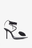 Sharpened Black Lace Up Clear Stiletto Heels With Diamante Flowers