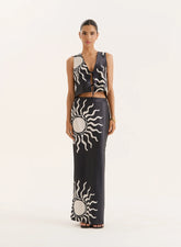 Black Sun Print Satin Maxi Skirt