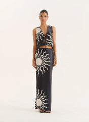 Black Sun Print Satin Maxi Skirt