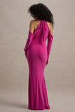 Hurghada Hot Pink Plunge Neck Long Sleeve Maxi Dress