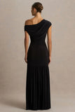 Kady Black Asymmetric Neck Maxi Dress With Ruched Detailing and Front High Split