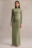 Persis Olive High Neck Maxi Dress With Gathered Detailing