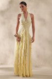Bea Lemon Plunge Neck Ruffled Maxi Dress