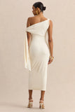 Arcelia Cream Asymmetric Neck Midi Dress With Knot Sleeve Detail