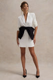 Prized White Tailored Blazer Dress With Black Bow