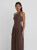 Brown Linen One Shoulder Cut Out Detail Dress