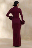 Jaselle Dark Plum High Neck Maxi Dress With Ruffled Satin Cuffs