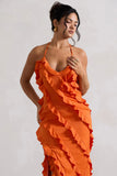 Full On Orange V Neck Ruffle Maxi Dress