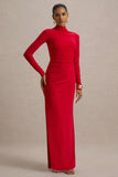 Alluring Red High Neck Maxi Dress With Ruched Detailing