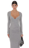 V Neck Long Sleeve Maxi Dress in Grey