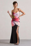 Kali Black Floral Print Cowl Neck Open Back Split Maxi Dress