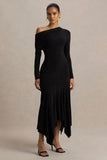 Isola Black Asymmetric Neck Midi Dress With Hanky Hem