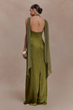 Myla Draped Shoulders Satin Maxi Dress Khaki