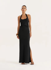 Black Knot Detail Halterneck Jersey Maxi Dress