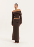 Chocolate Knitted Bardot Long Sleeved Top