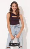 Asymmetrical Bodysuit in Black and Pink Shimmer