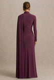 Anticipation Burgundy High Neck Maxi Dress With Front Split And Ruched Detailing
