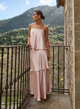 Pale Pink Satin Tiered Maxi Dress