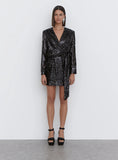 Black Sequin Tie Waist Mini Dress
