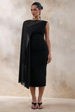 Caloria Black Asymmetric Neck Midi Dress With Mesh Cape