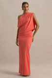 Ronnie Coral Satin Asymmetric Neck Maxi Dress With Draping Detail