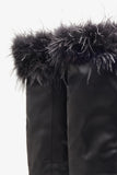 Soho Black Satin Pointed Heeled Boots With Feather Trims