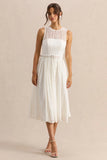 Anabella White Lace Crew Neck Belted Midi Dress