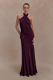 Indira Gathered Slinky Halter Maxi Dress Mahogany
