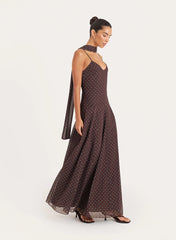 Brown Polka Dot Chiffon Scarf Detail Maxi Dress