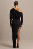 Olivia Black Asymmetric Neck Maxi Dress With Ruched Detailing And Asymmetric Hem
