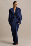 Tina Navy Satin Plunge Neck Embellished Maxi Dress