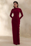 Karessa Berry High Neck Maxi Dress With Gathered Detailing And Front High Split