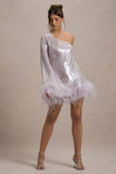 Free Soul Lilac Sequin One Shoulder Feather Trim Mini Dress