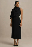 Jimena Black High Neck Midi Dress With One Long Sleeve And Pleated Detailing