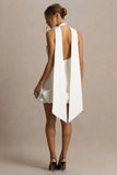 Geneve White Halter Neck Mini Dress With Ruffled Trim